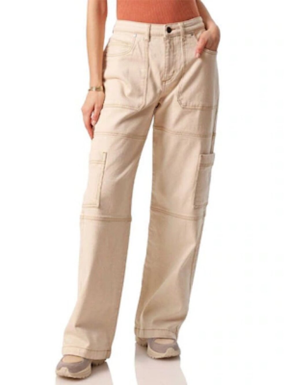 Tilly's Sz M Cream High Rise Wide Leg Cargo Pants Elastic Waist Pockets